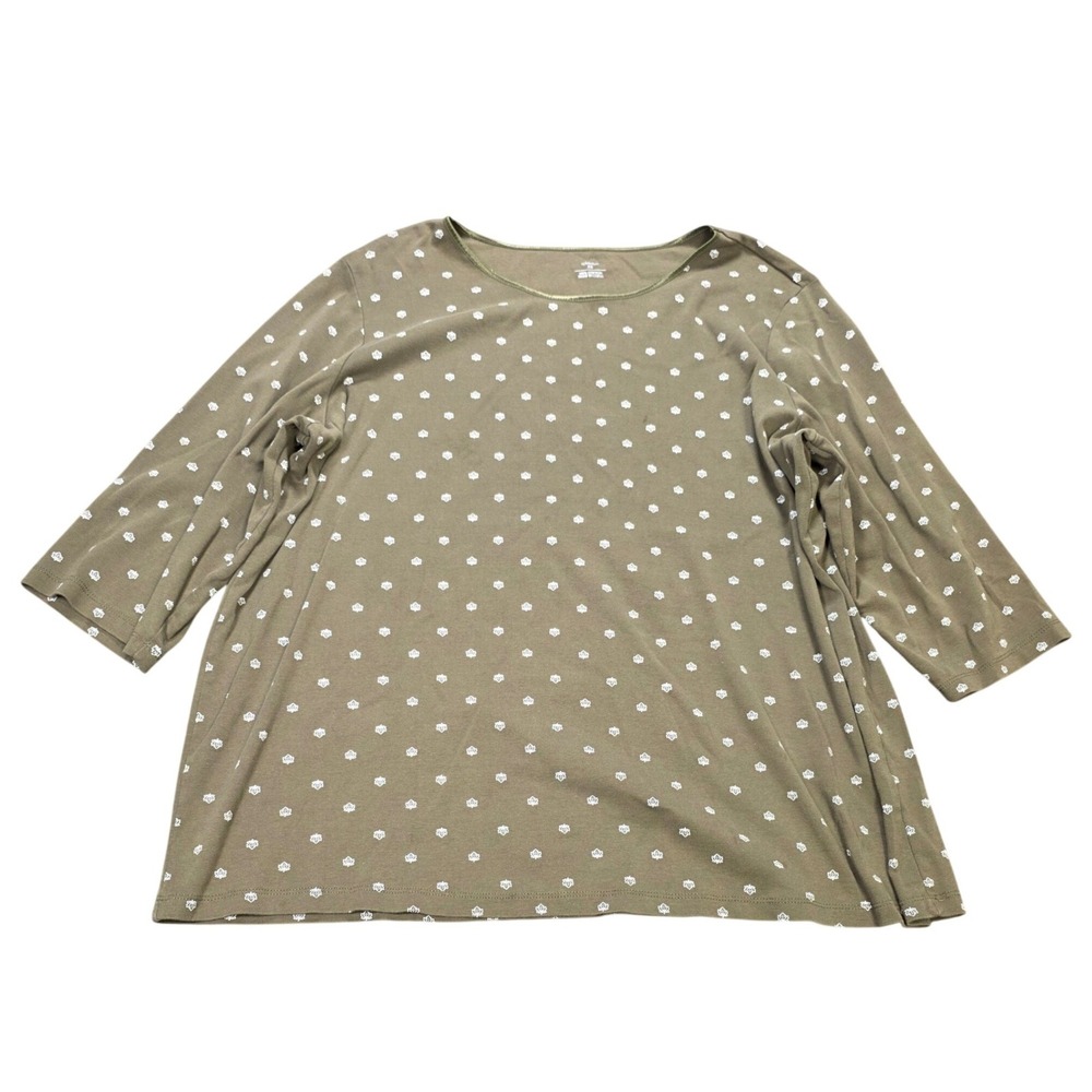 CJ Banks Knit Top Women's Size 3X Olive Green Leaf Print 3/4 Sleeve Scoop Neck